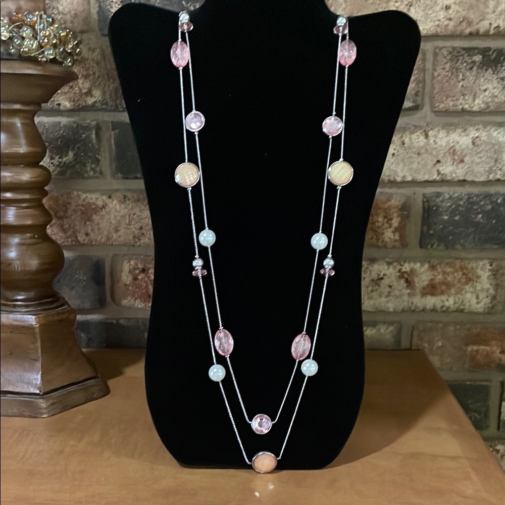 C1946 Pink, Faux Pearl and Orange Beaded Silver tone necklace